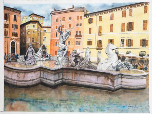 pintura de paisaje piazza navona, fuente de neptuno de bernini