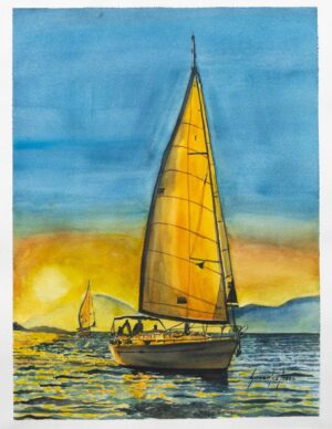 pintura de paisaje de velero en amarillo